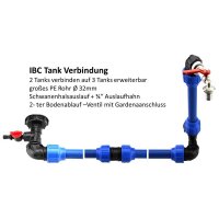 IBC Tankverbindung (2 Tanks)+Schwanenhals+ Auslaufhahn 3/4" + 2 Bodenablauf Gardena
